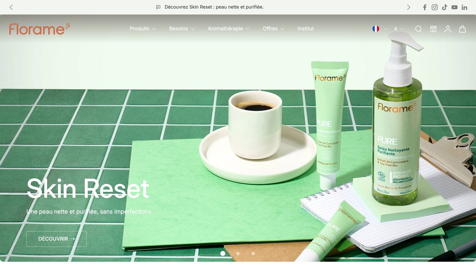 Page d’accueil du site florame.com : la gamme Pure (Skin Reset) mise en avant.