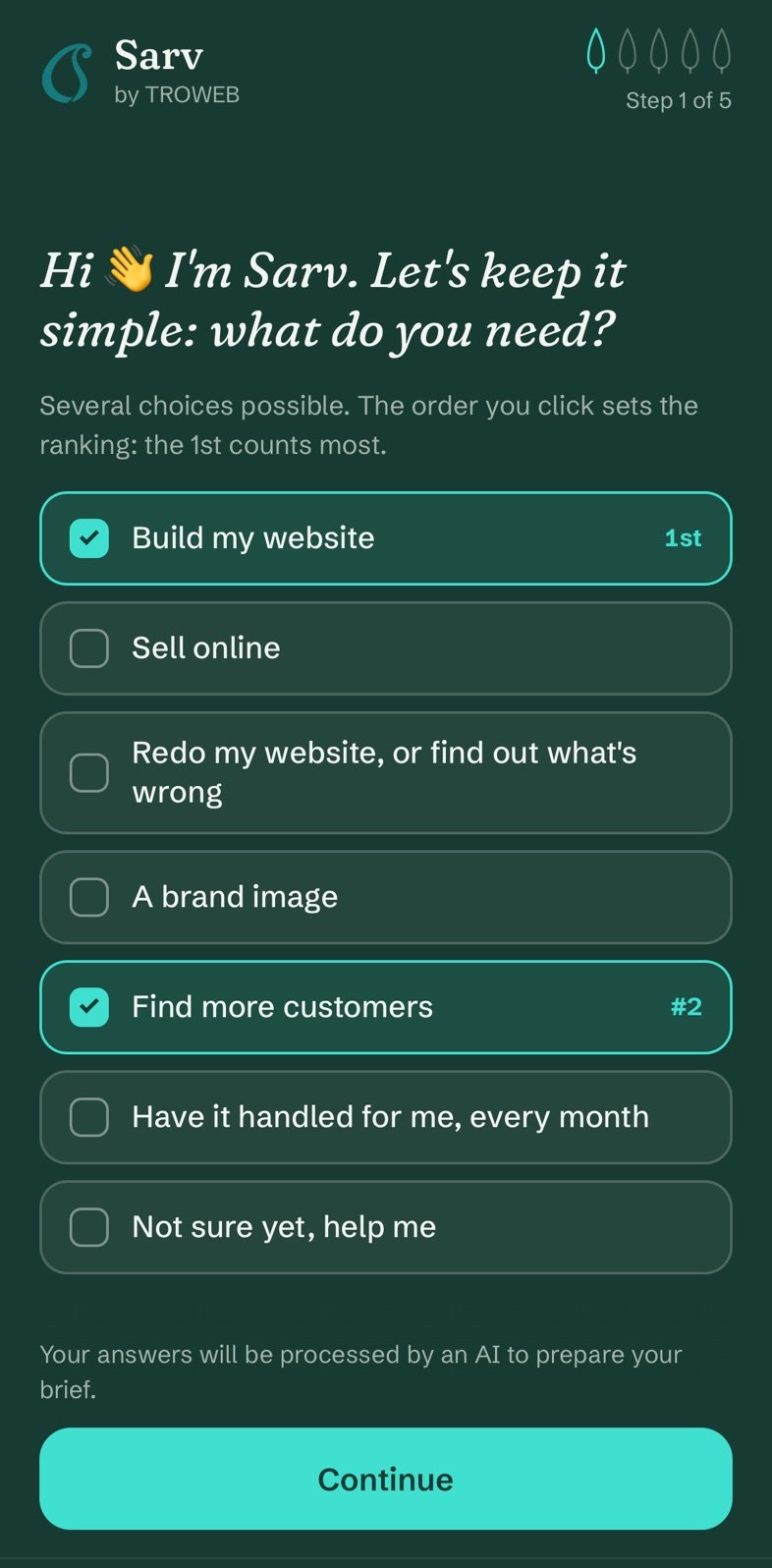 Sarv’s welcome screen: “Hi, I’m Sarv. Let’s keep it simple: what do you need?”, with the list of needs.