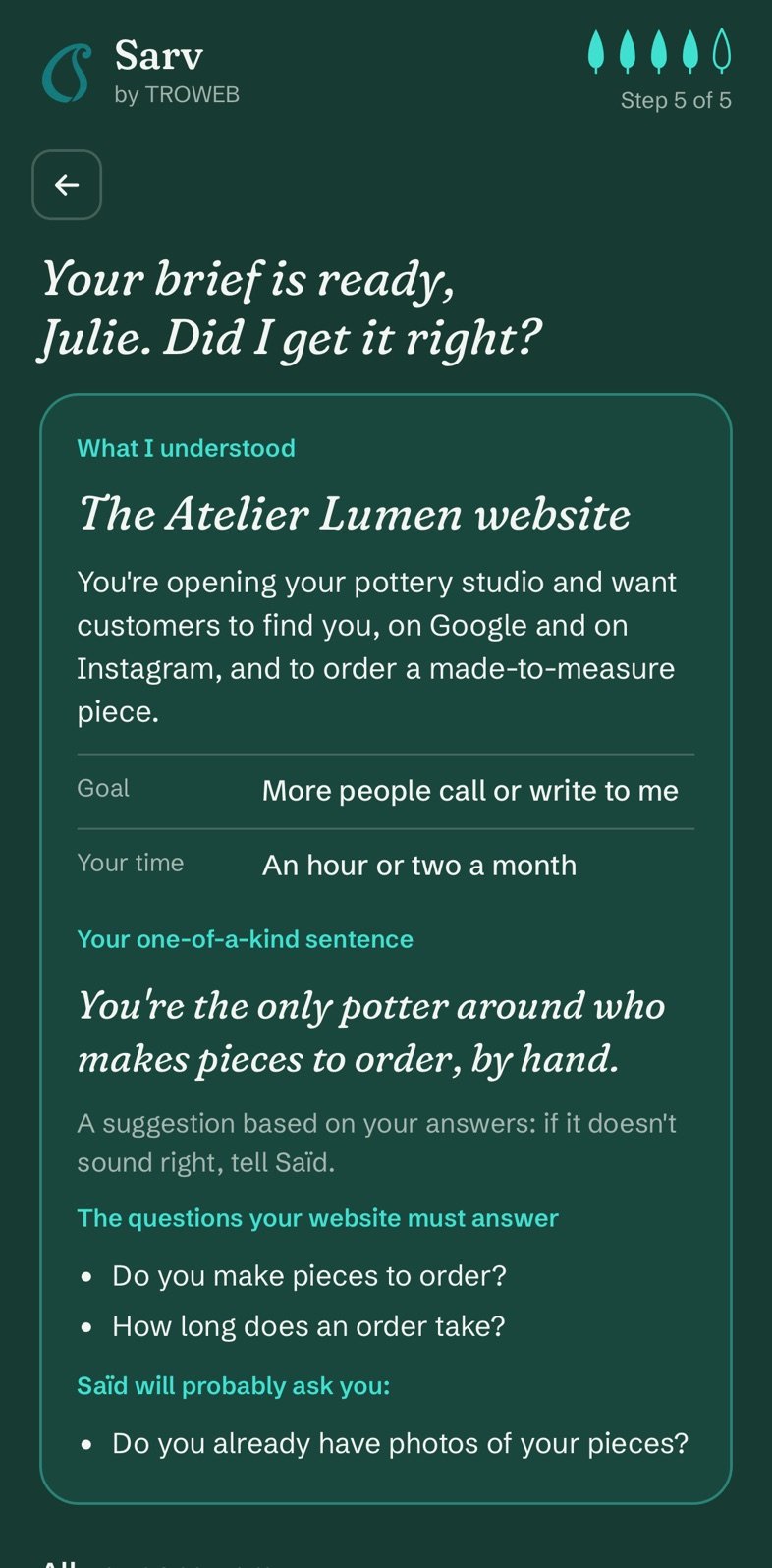 The finished brief: “The Atelier Lumen website”, project summary and one-of-a-kind sentence.