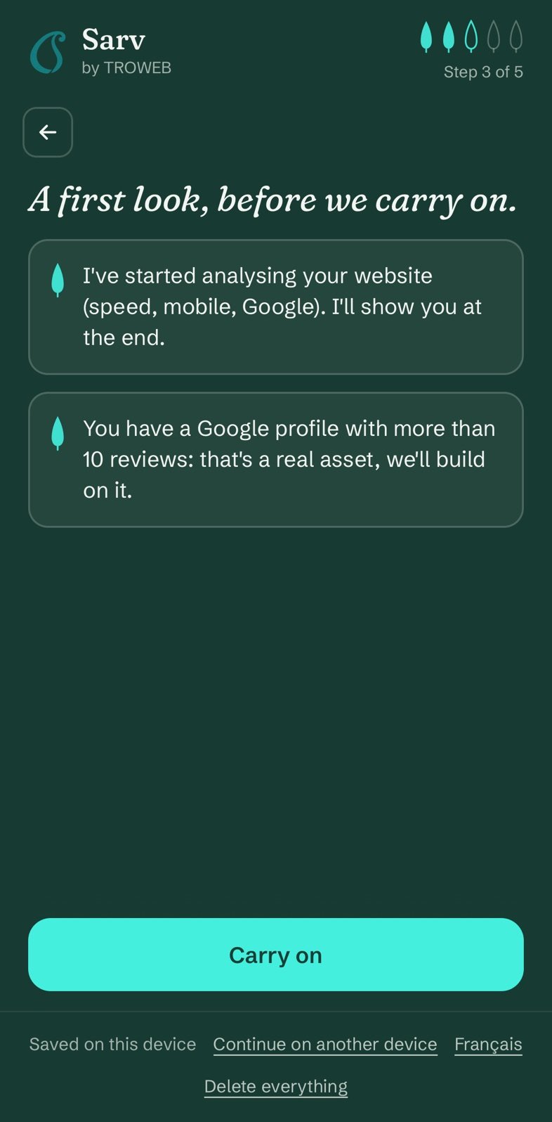“A first look” screen: website analysis started, Google profile with more than 10 reviews welcomed.