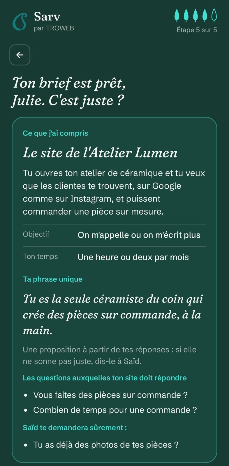 Le brief prêt : « Le site de l’Atelier Lumen », résumé du projet et phrase unique.
