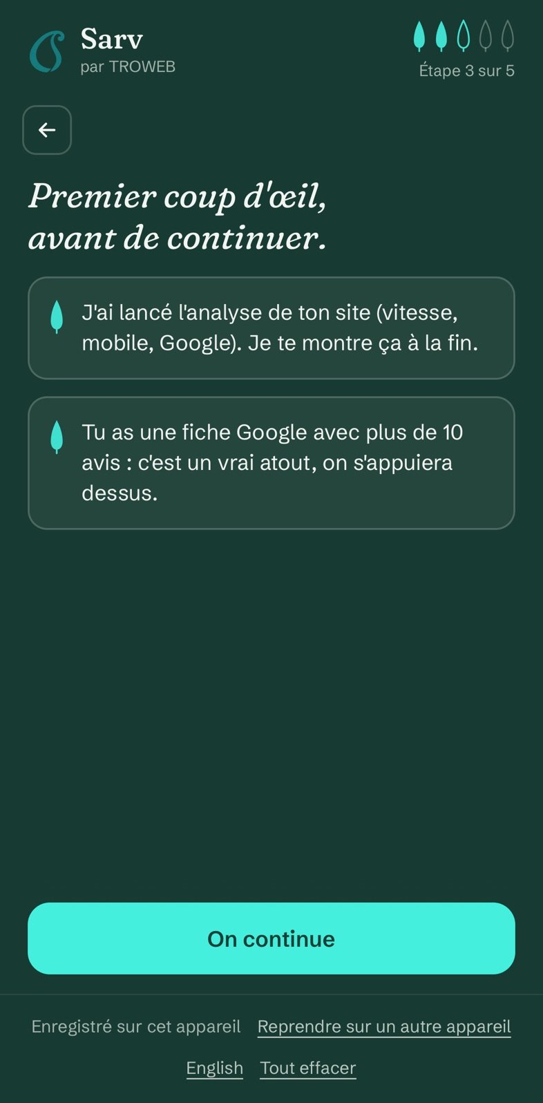 Écran « Premier coup d’œil » : analyse du site lancée, fiche Google avec plus de 10 avis saluée.